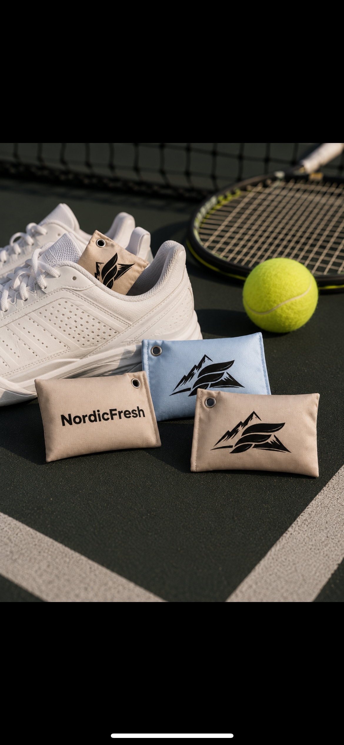 NordicFresh pouches on a tennis court next to a racket and ball