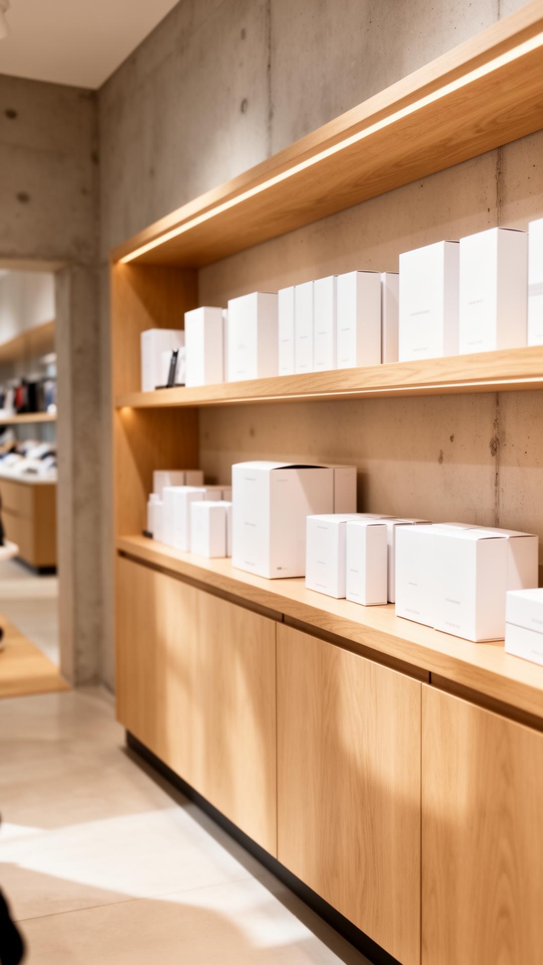 Premium retail shelf display with minimalist white product boxes in a Scandinavian sporting goods store